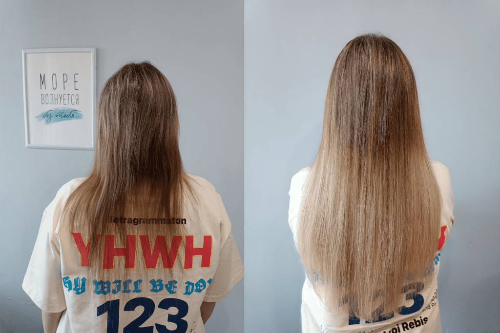 Фото до и после горячего микрокапсульного наращивания волос
