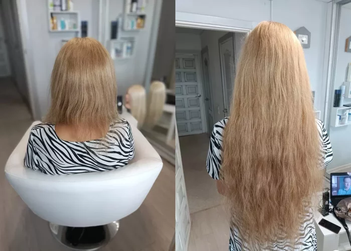 Девушка с наращенными волосами до и после